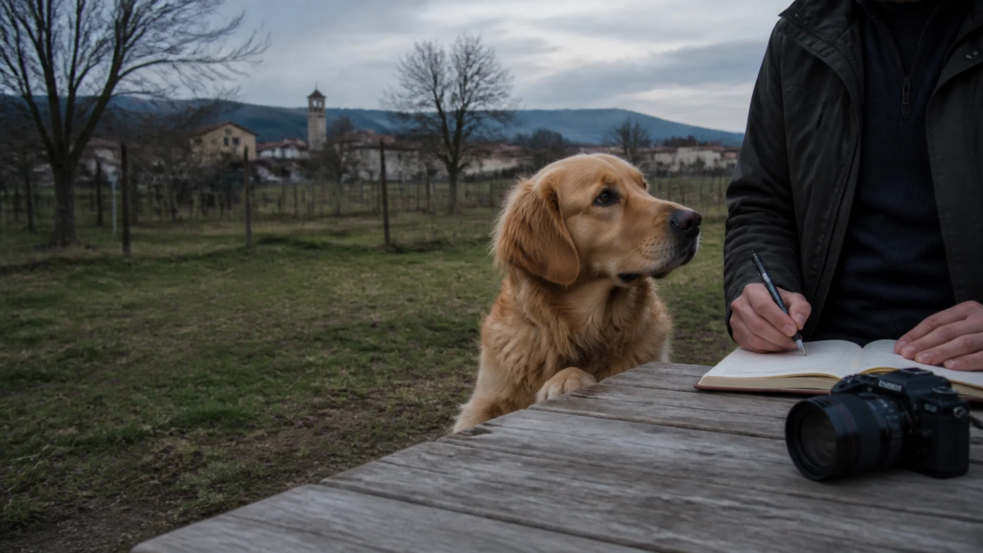 Golden Retriever beside a field notebook and camera in a rural Italian setting
