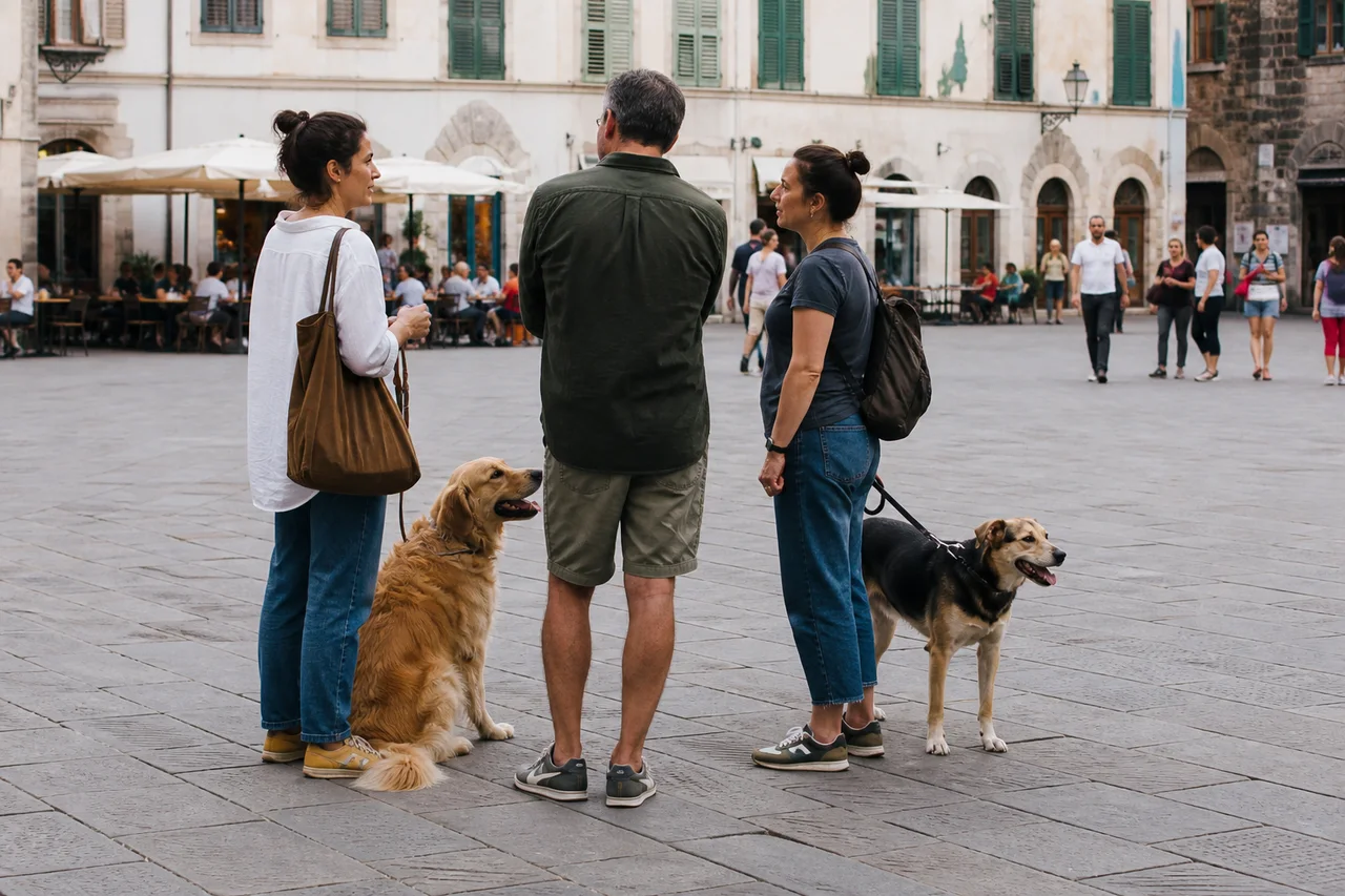 Dog owners talking with their dogs in an Italian public square